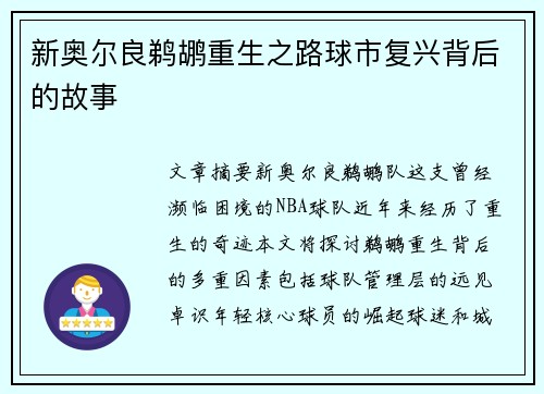 新奥尔良鹈鹕重生之路球市复兴背后的故事