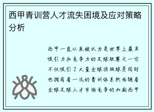 西甲青训营人才流失困境及应对策略分析