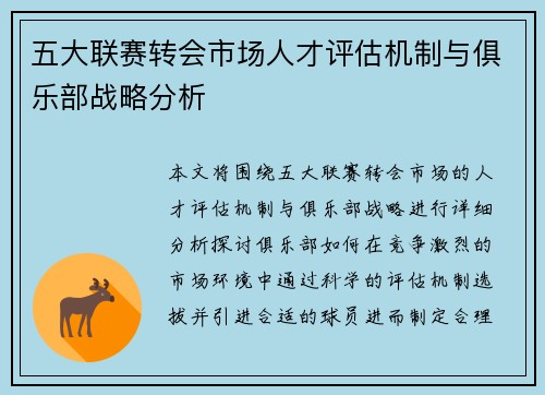 五大联赛转会市场人才评估机制与俱乐部战略分析