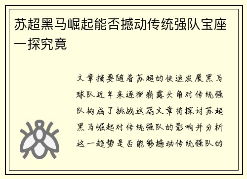 苏超黑马崛起能否撼动传统强队宝座一探究竟