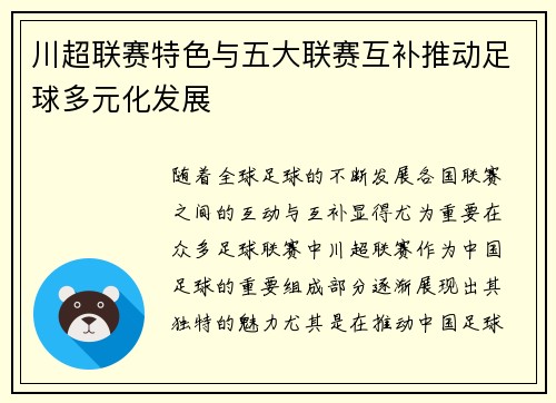 川超联赛特色与五大联赛互补推动足球多元化发展